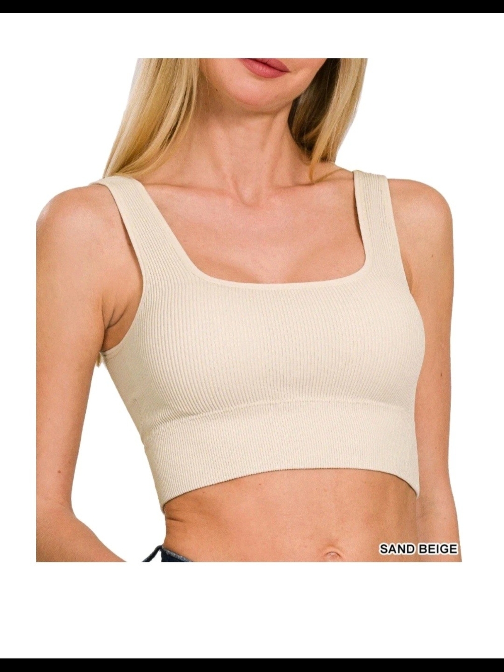 Zenana Sand Beige Ribbed Square Neck Bralette w/pads Brami Crop Top 6134-Various